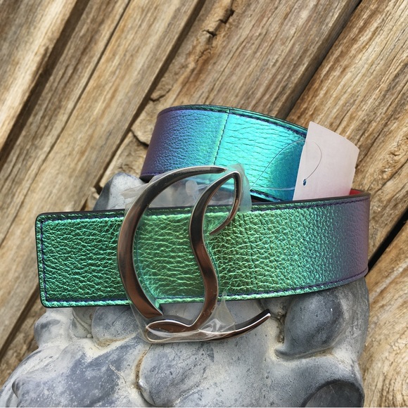 New Christian Louboutin Logo Buckle Iridescent Leather Belt Rainbow Silver 75 - Picture 11 of 16